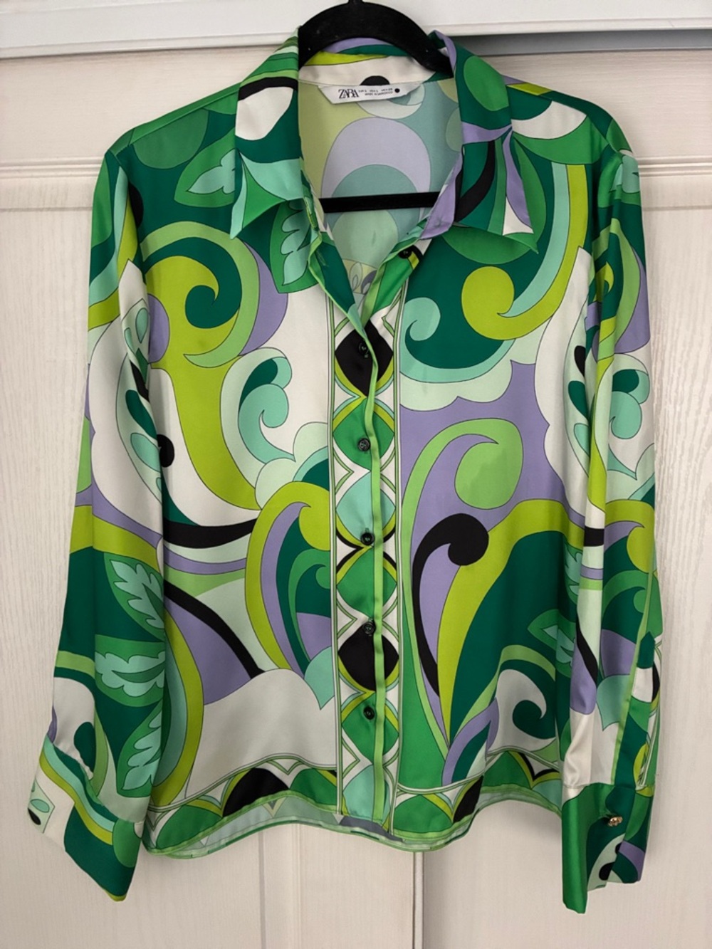 Zara-Green, Lime & Lavender Retro Satin Button-Up Blouse